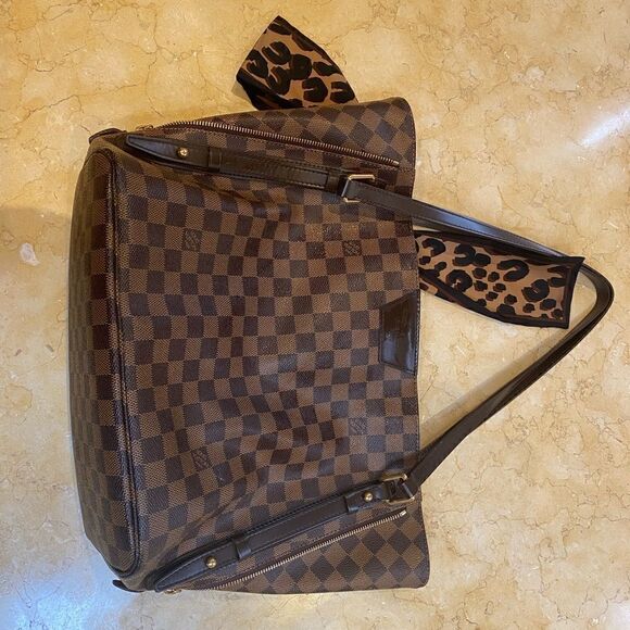 Louis Vuitton vintage logo bag with signature scarf tied to handle. - Picture 1 of 15